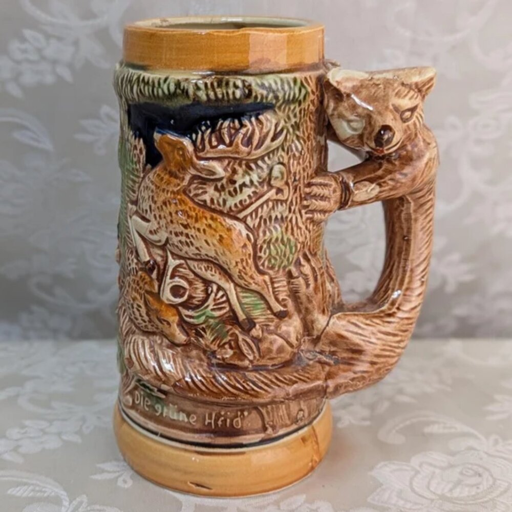 Vintage Fox Handle Beer Stein Mug Forest Deer Wild Boar Japan Germanic Style